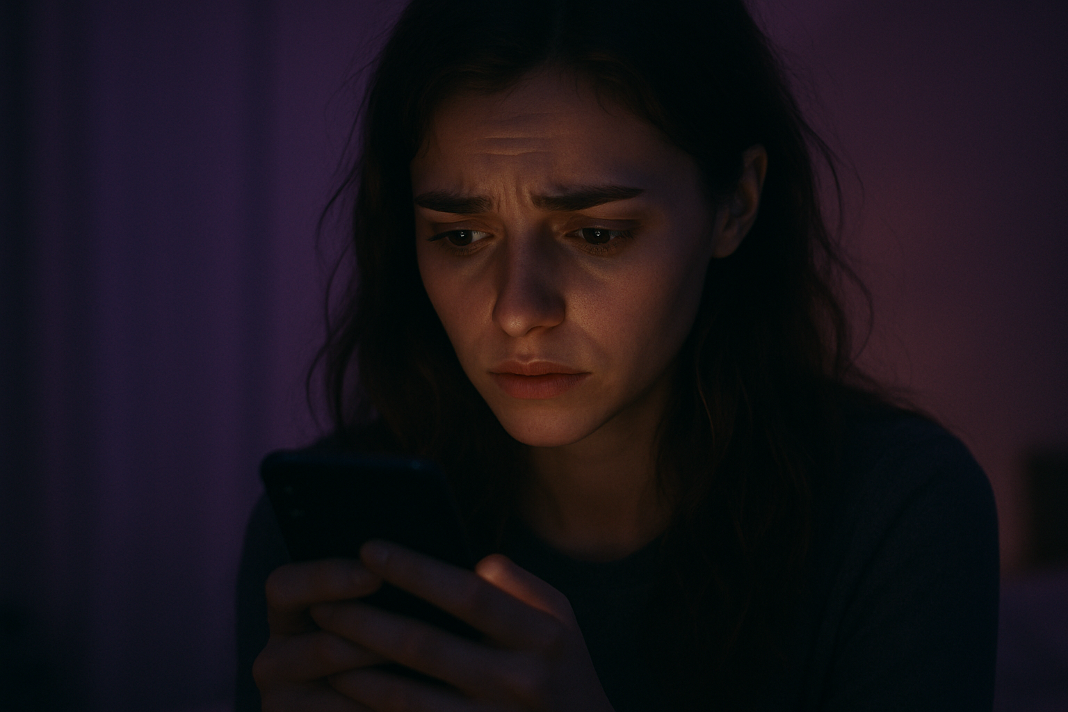 スマホで復縁の確率を調べ不安そうな女性