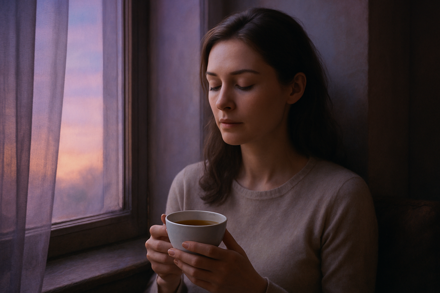 窓辺で静かにお茶を飲む落ち着いた女性