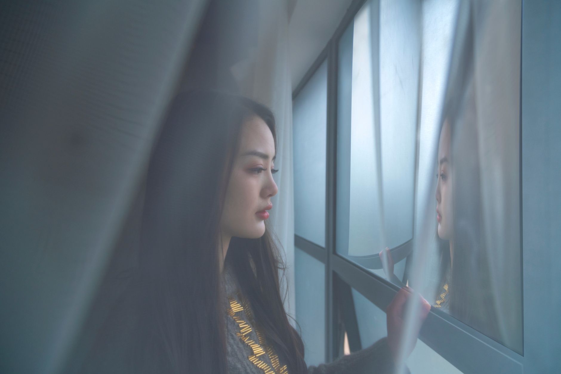 窓の外を見る女性の横顔